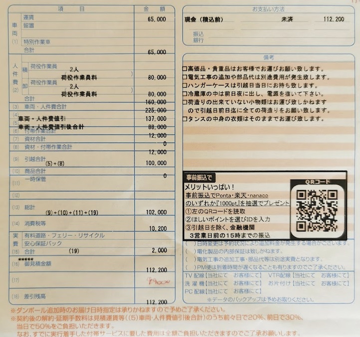 引ソロ家探し（その47 引っ越し業者 その3 サカイ1800pの見積書を見る