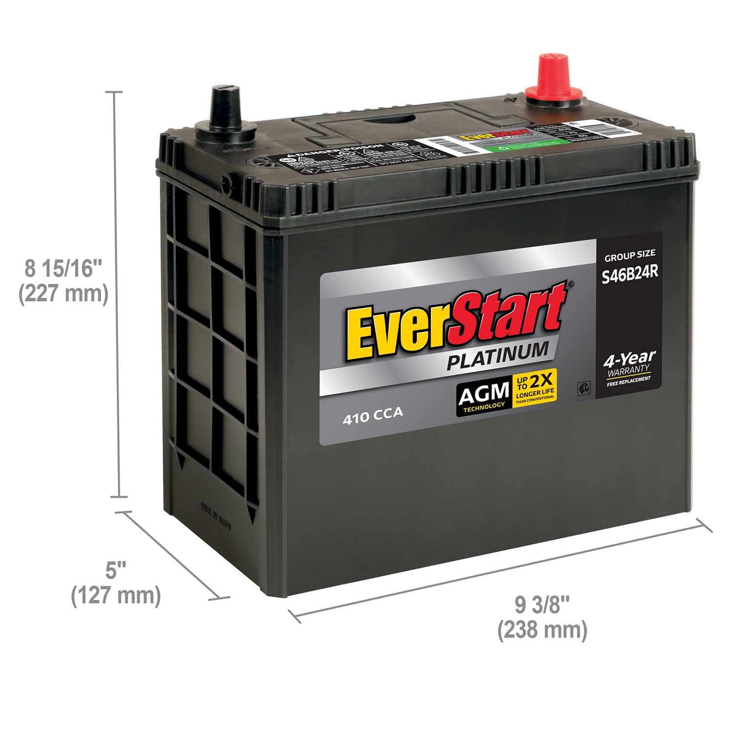 EverStart Platinum AGM Automotive Battery, Group Size S46B24R 12