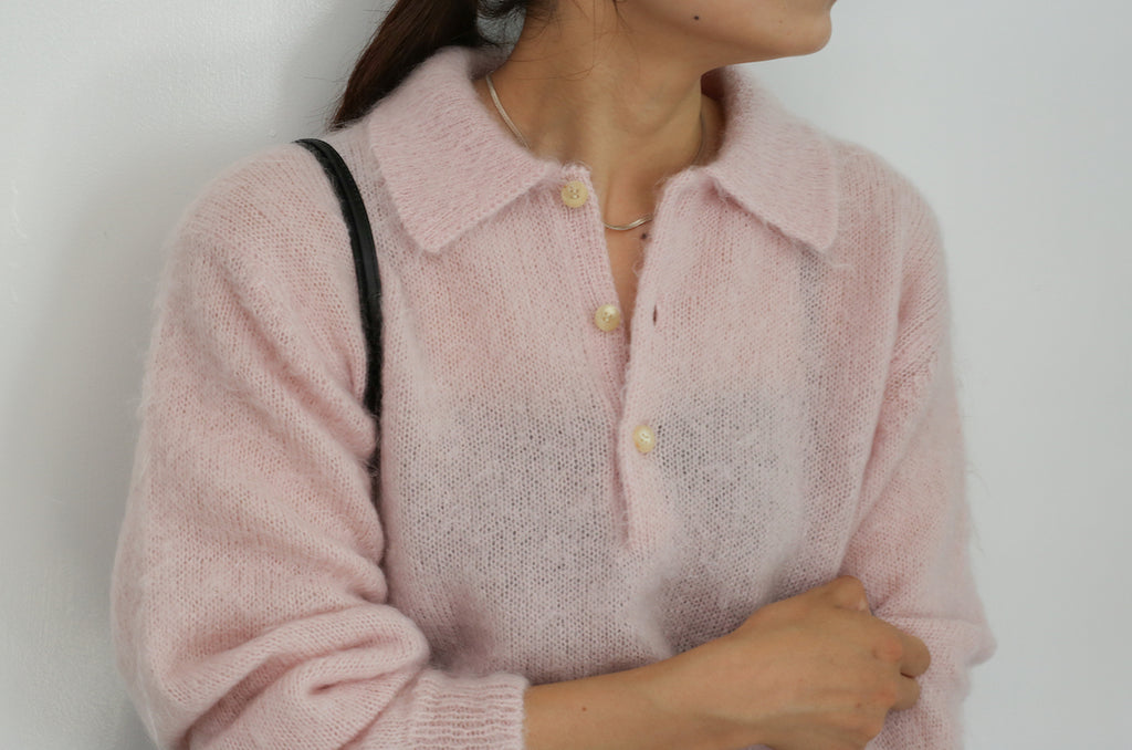 AURALEE BRUSHED SUPER KID MOHAIR KNIT POLO 