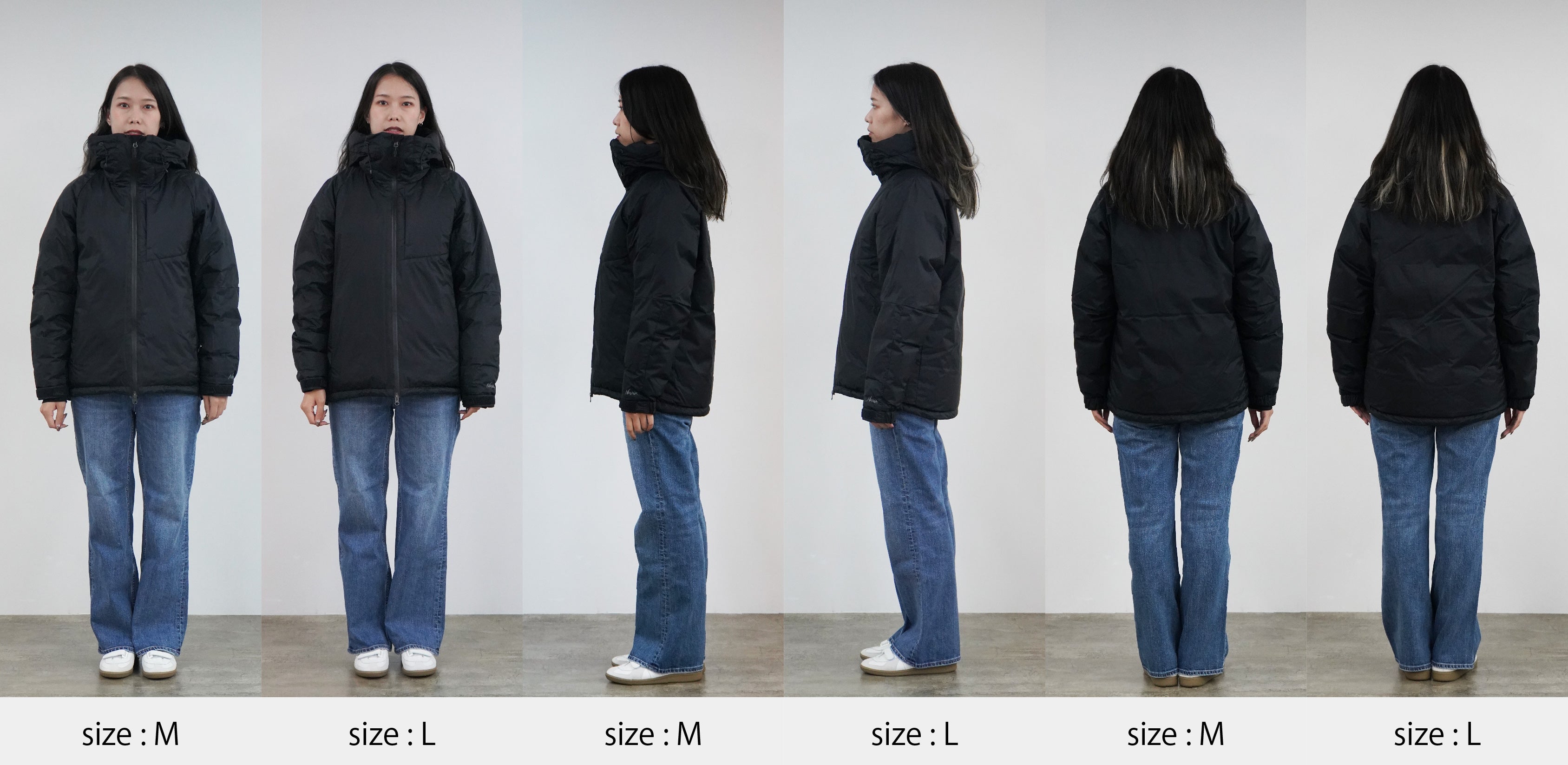 身長別の女性スタッフ6人で、「NANGA オーロラ ダウンジャケット