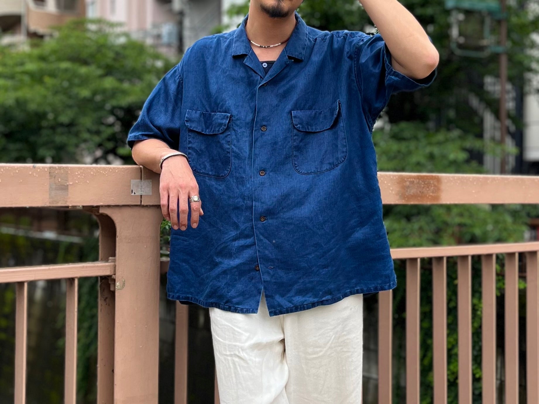高円寺店限定で再入荷》 OPEN COLLAR SHIRT - LINEN INDIGO
