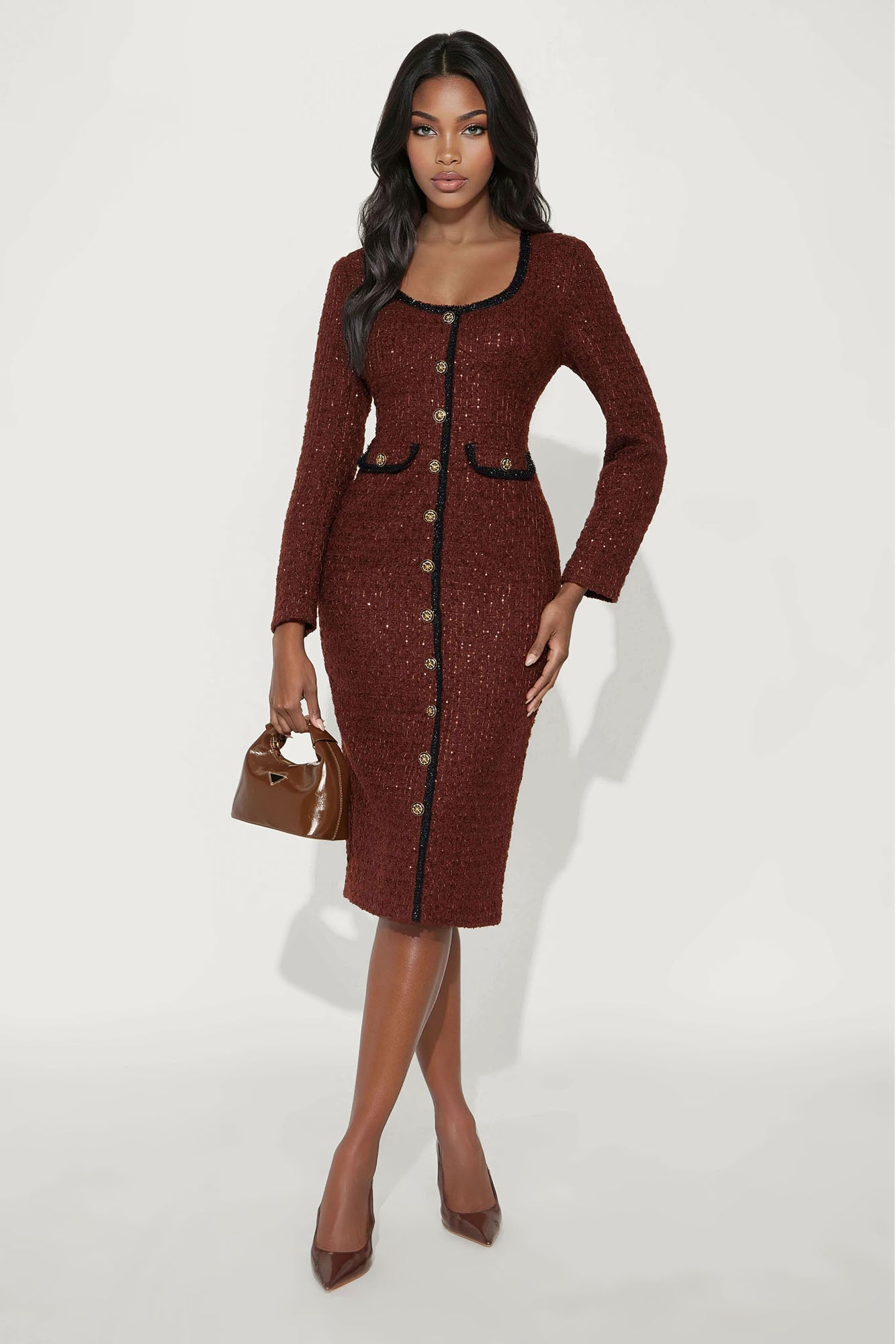 Amelie Long Sleeve Tweed Midi Dress - Chocolate | Fashion Nova