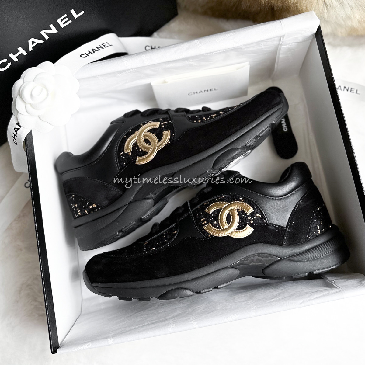 CHANEL 19A Black/ Gold Tweed & Leather Sneakers 39 *New - Timeless