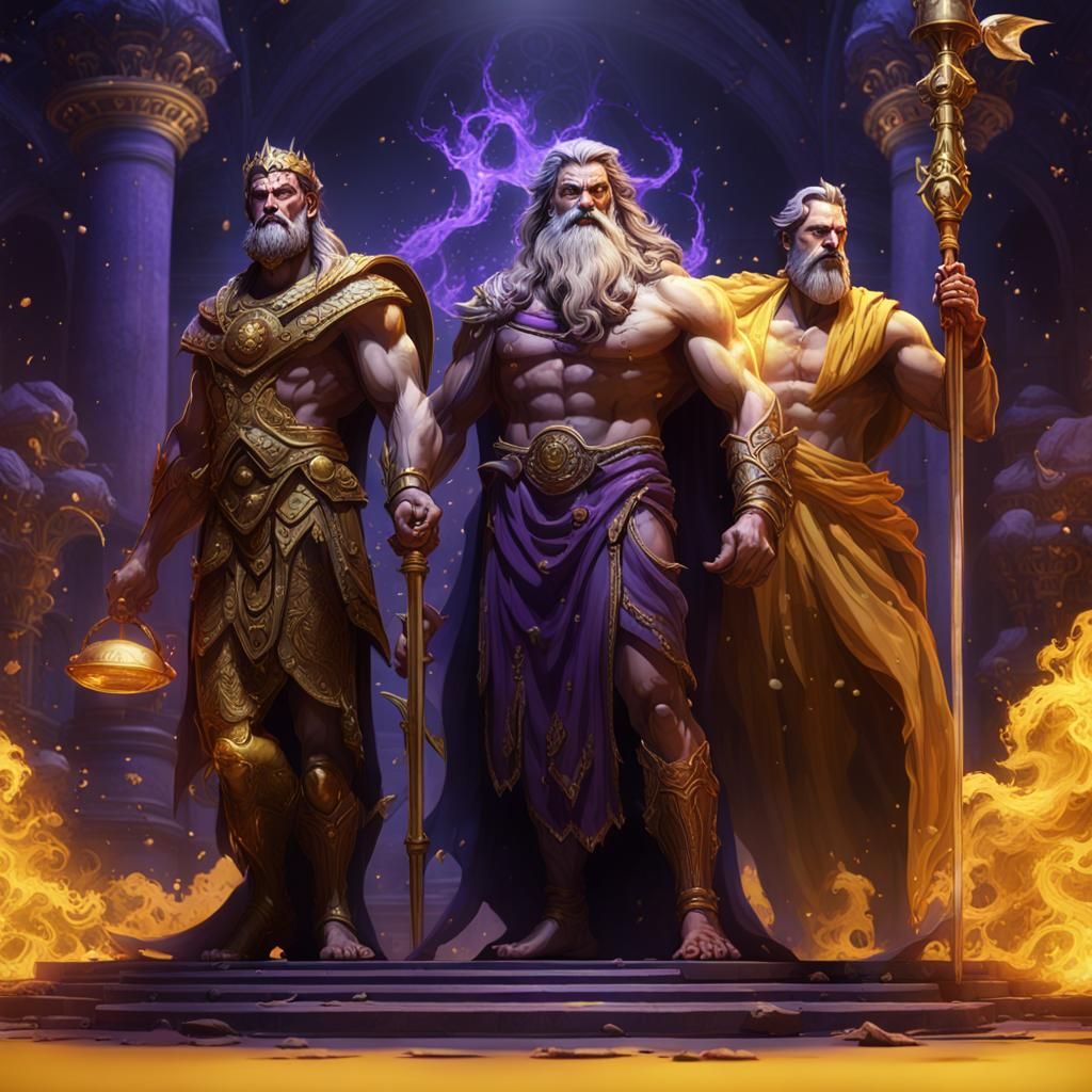 Zeus, Poseidon and Hades a masterpiece, 8k resolution, dark