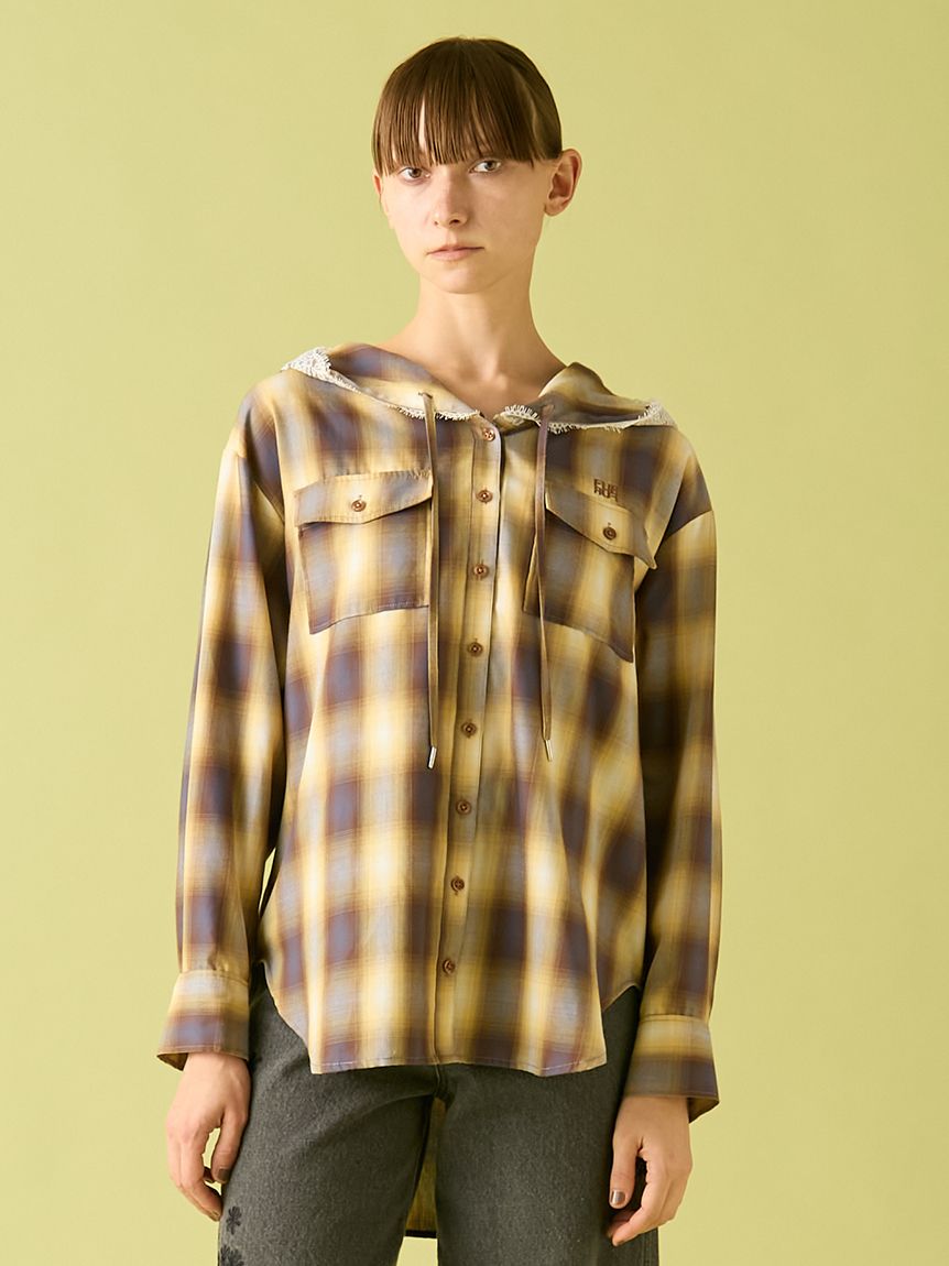 フーディーオンブレーチェックシャツ(シャツ／ブラウス)｜トップス