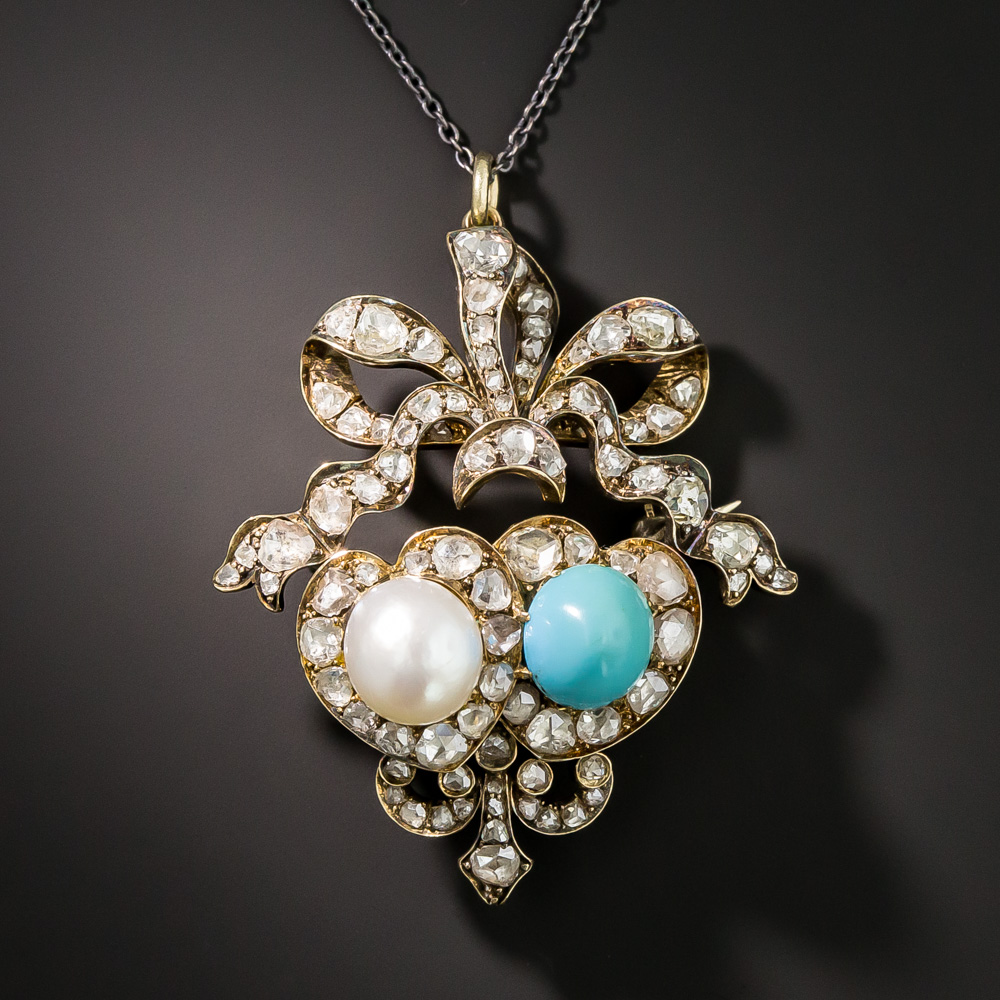 Victorian Natural Pearl, Turquoise and Diamond Double-Heart