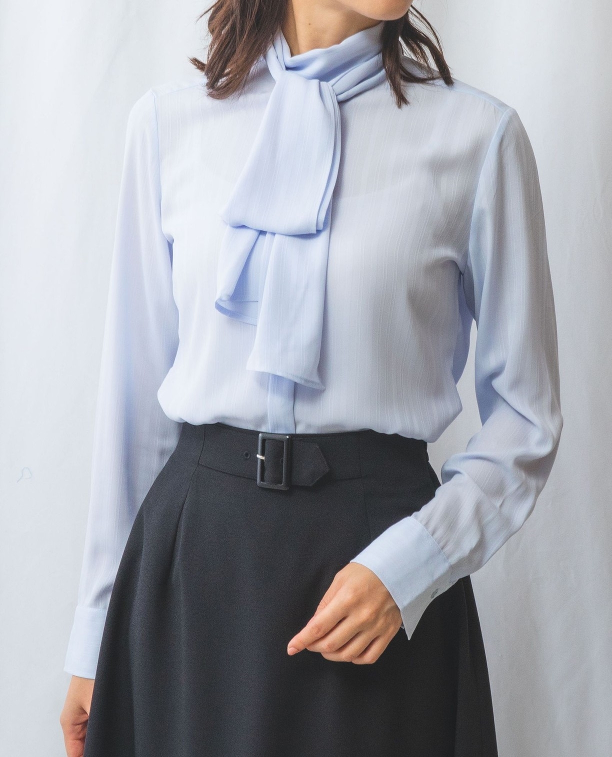 NARACAMICIE】シャドーストライプスタンドボウタイブラウス(1(M)9号