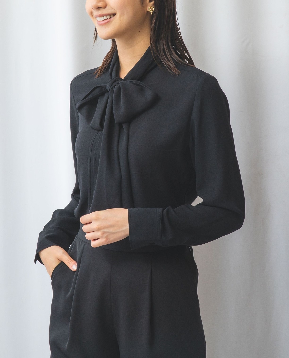 NARACAMICIE】ジョーゼットボウタイ長袖ブラウス(1(M)9号 ブラック