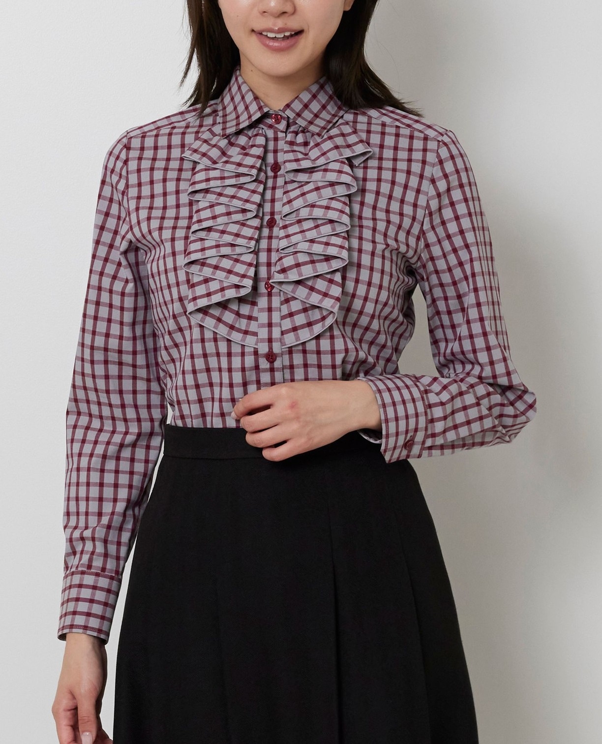 NARACAMICIE】チェックフリル長袖シャツ(1(M)9号 グレー): ナラ