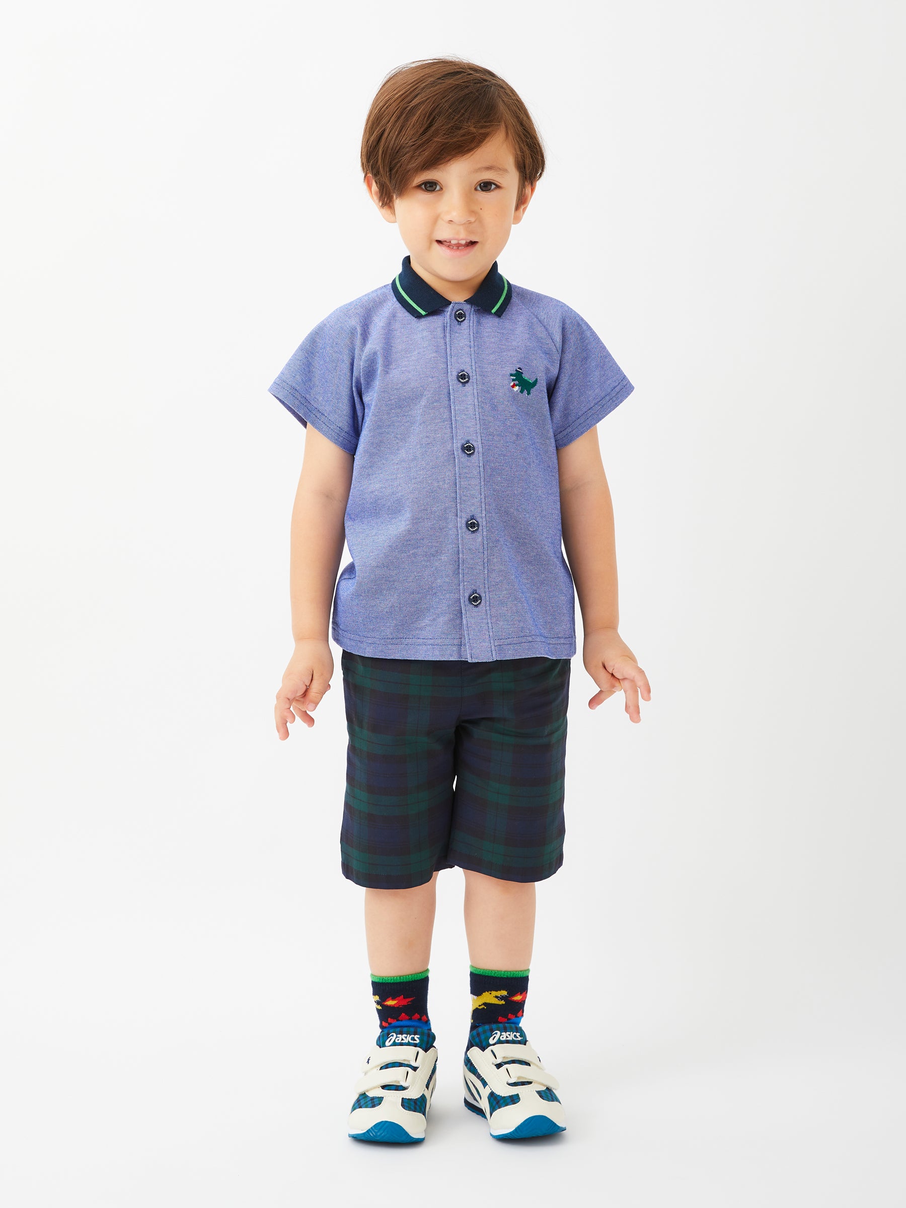 ファミリア 新品ピアノ鍵盤Tシャツ 緑系チェックハーフパンツ 120cm